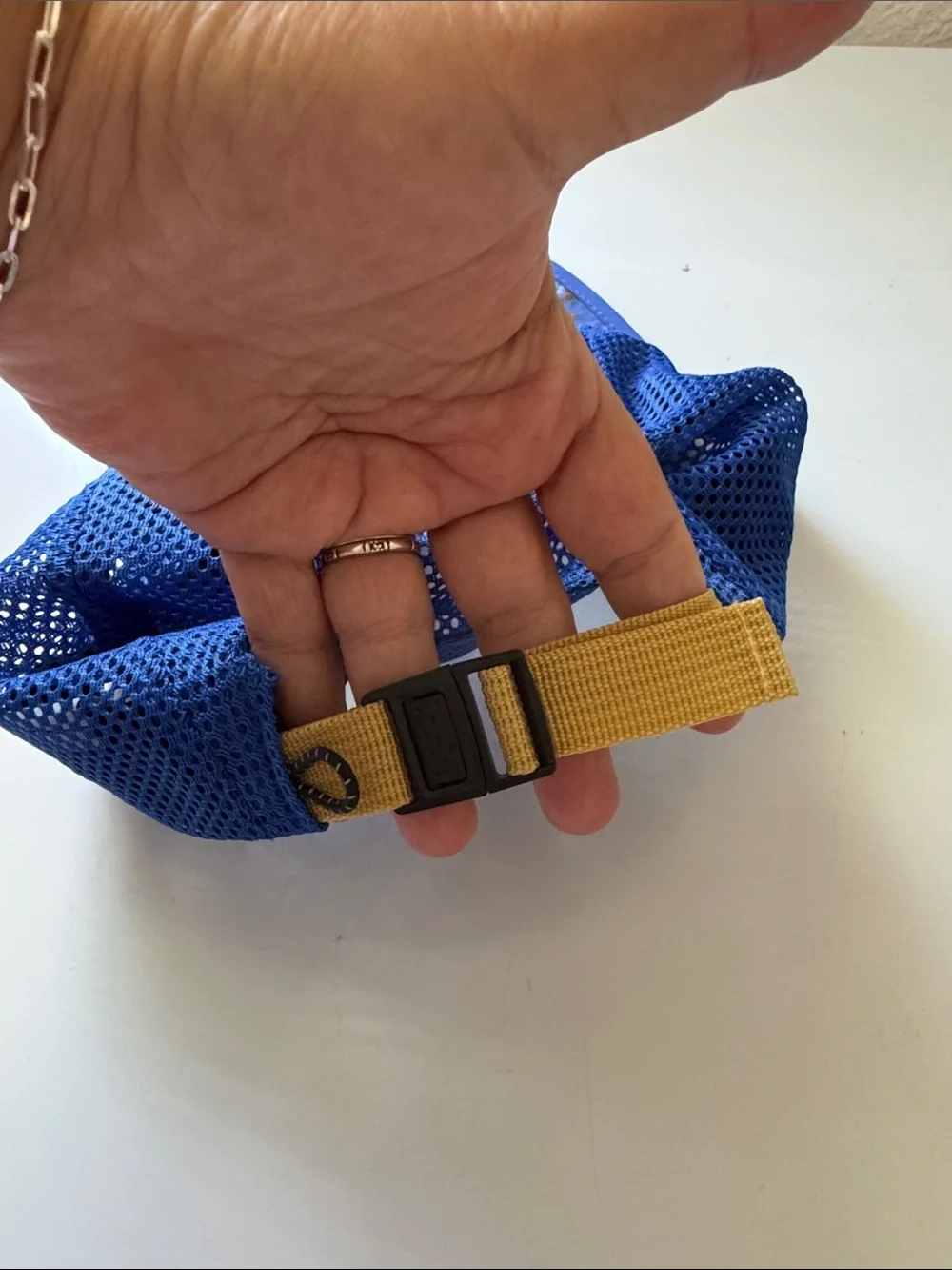 Topo Designs Blue Mesh Crossbody Bag with Yellow Strap